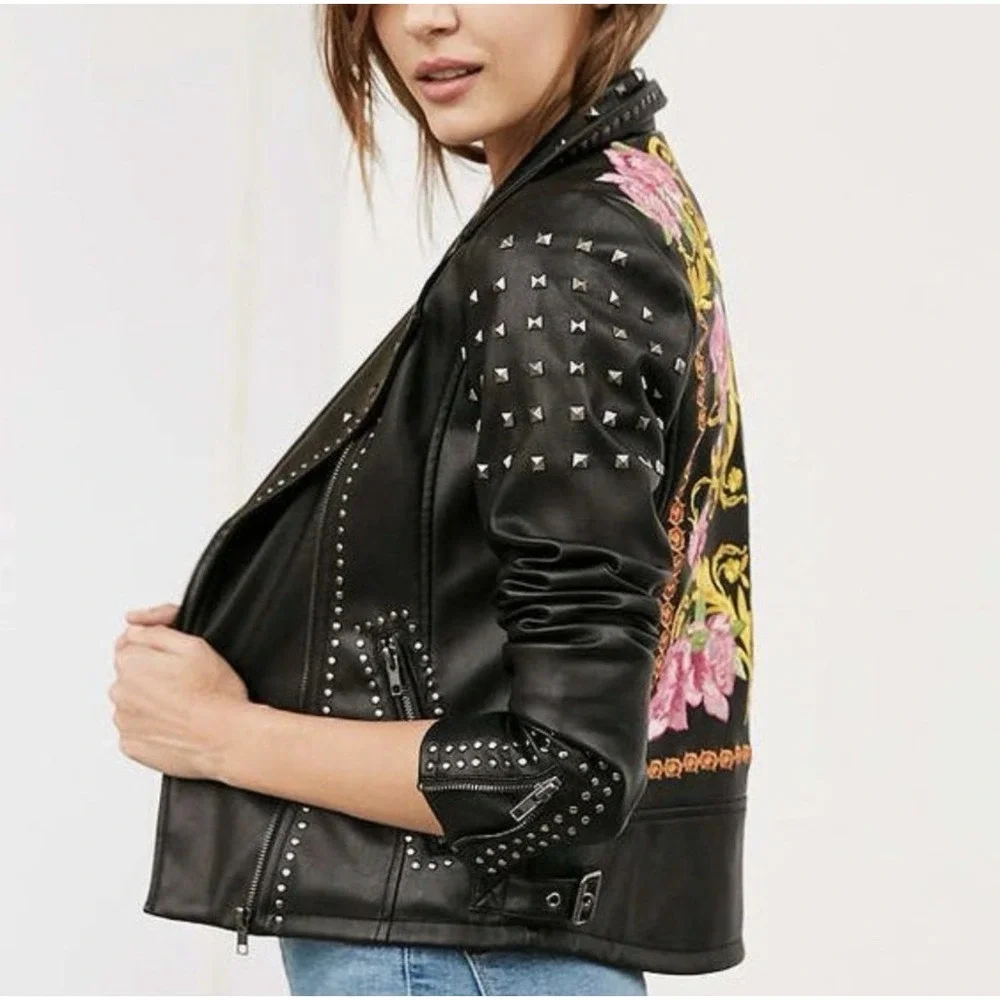 Silence + Noise Irina Studded Embroidered Faux Leather Jacket Black SZ XS - Picture 4 of 13